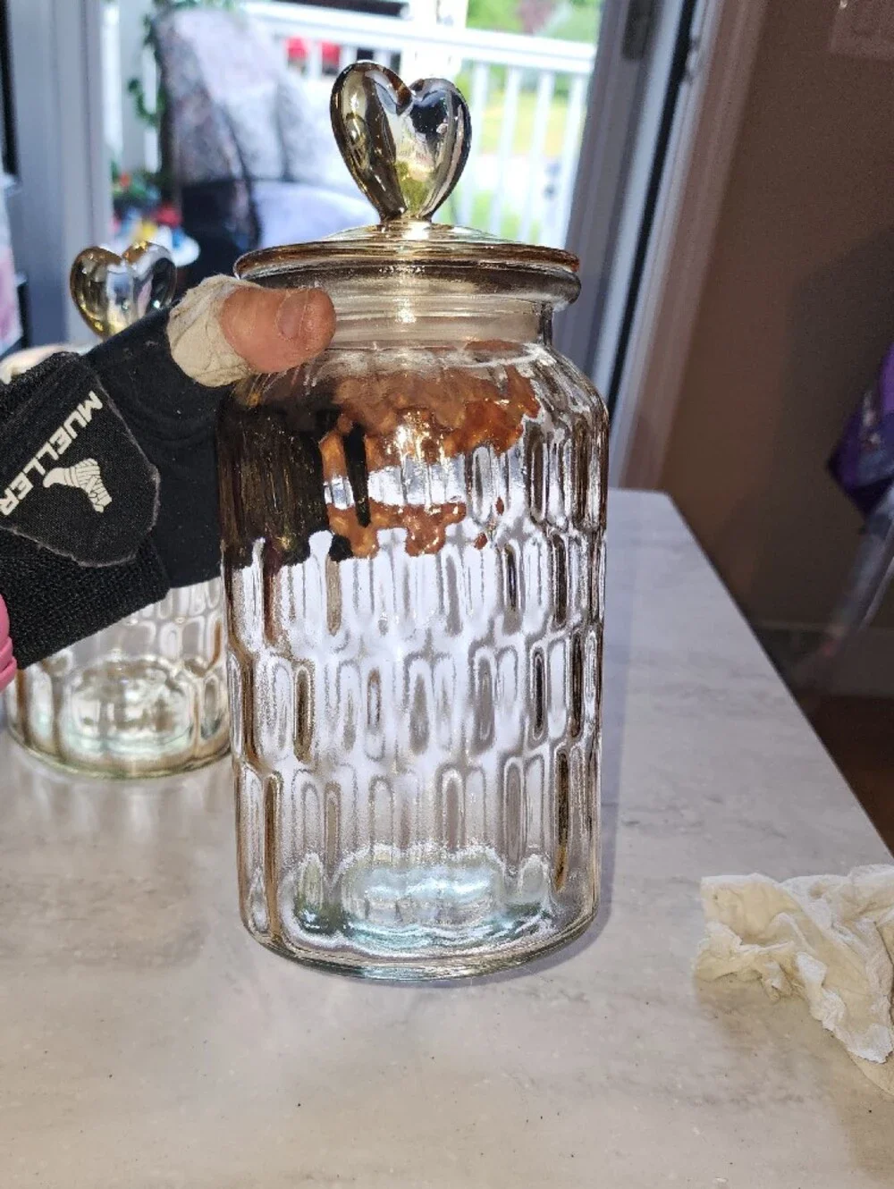 Set Of 3 Glass Heart-Top Canister Set - Amber & Clear. I Have 2 Complete Set!